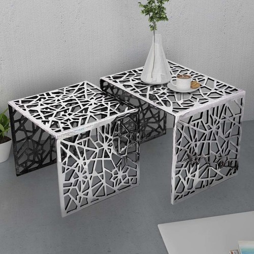 NNEVL Two Piece Side Tables Square Aluminium Silver - Picture 2 of 4