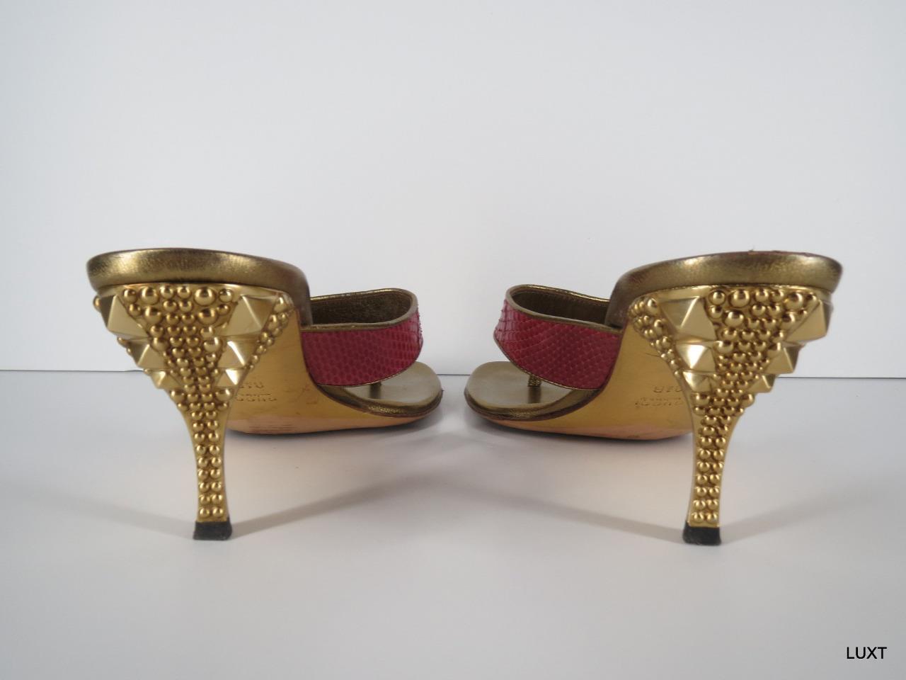 Gucci Sandals Heels Slides Size 8.5 Metallic Gold Studded Pink Leather  Snakeskin | eBay