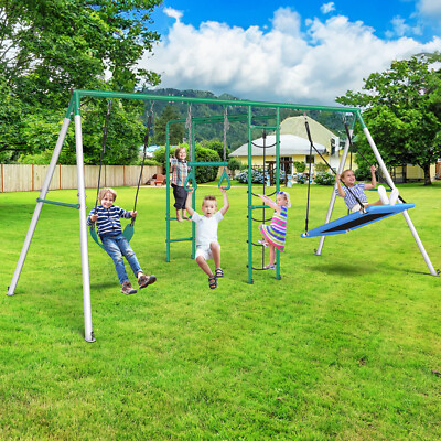 Metal Swing Set for Kids w/ Monkey Bar, Belt Swing, Platform Swing