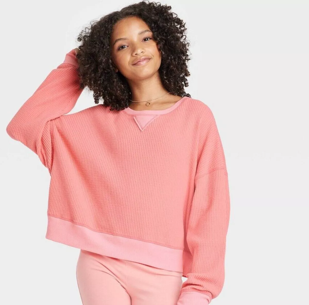Girls Oversized Long Sleeve Waffle T Shirt art class Coral Pink