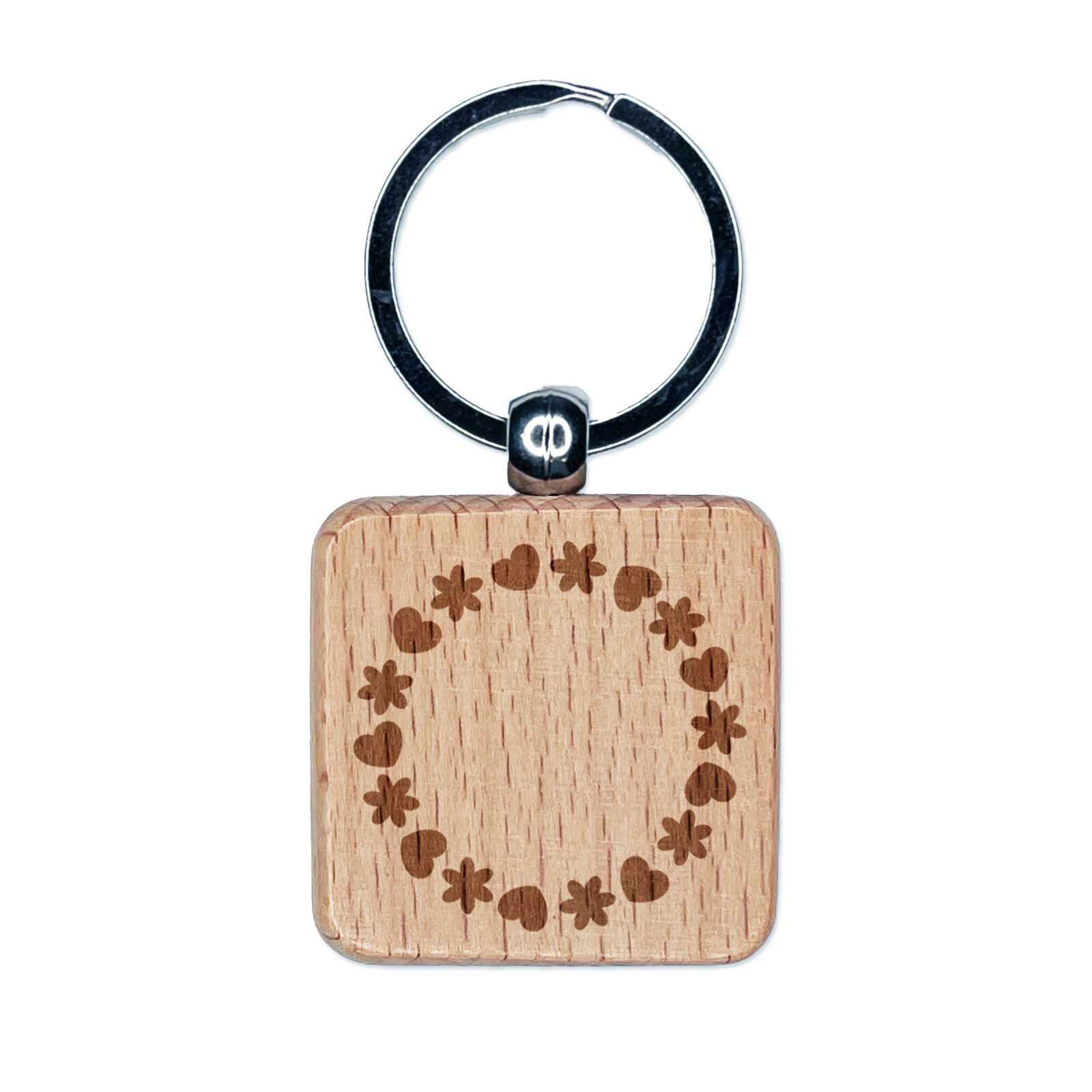Cute Floral Heart Engraved Wooden Keychain Charm with Circle Frame
