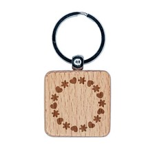 Cute Flower and Heart Circle Frame Engraved Wood Square Keychain Tag Charm