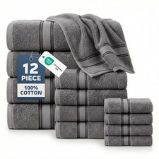 Bath Towel Set 12 Piece 100 Cotton Soft Absorbent Grey