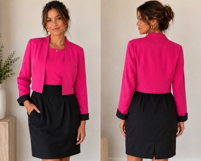 Vintage Anne Klein Silk Dress Jacket Set Pink Black Colorblock Size 6 Career