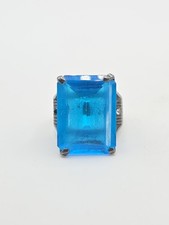 Vintage Sterling Silver 925 Large Blue Glass Rectangular Cocktail Ring Sz 7