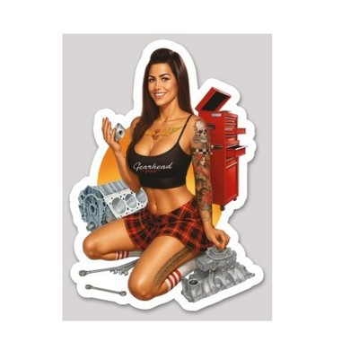 Gearhead Pin Up Sticker 3x4 Inch Mechanic Girl Decal