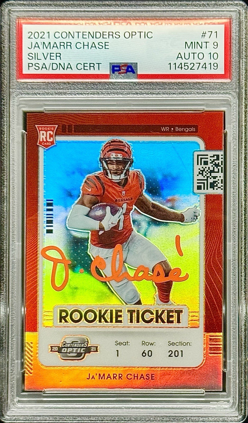 Ja’Marr Chase PSA/DNA 9/10 - 2021 Contenders Optic #71 SILVER Rookie AUTO