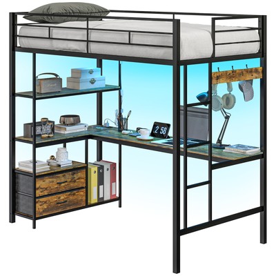 HOMCOM Twin Loft Bed with Desk Lights Metal Loft Bed Frame, Rustic Brown
