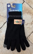 NWT ISOTONER Black Knit Silver Striped Cuff smarTouch Lined Gloves One Size
