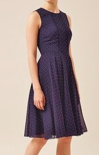 HOBBS ISLA NAVY RED WHITE SPOT CHIFFON 50'S FIT FLARE MIDI DRESS 8 £159 ONCE