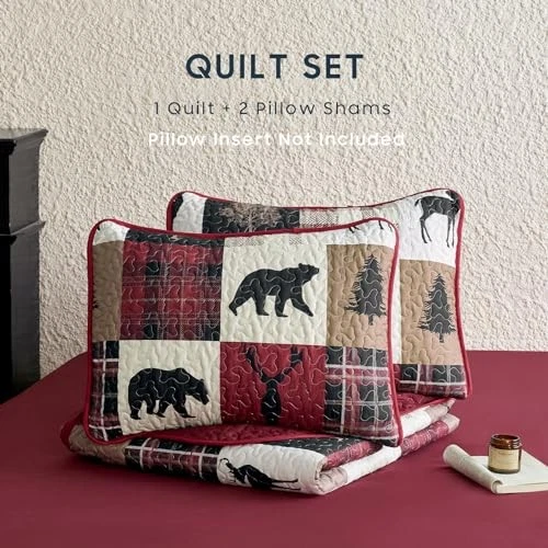 - Juego de edredón rústico, cabaña Lodge Navidad oso reina / negro borgoña completo Foto 2 de 4