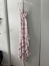 Lulus XS Pink Floral Chiffon Midi Dress Ruffle V-Neck Strappy Asymmetric