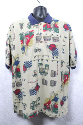 Vintage 90s Bugle Boy Polo Shirt Golf AOP Print Men's Large Cotton Blend