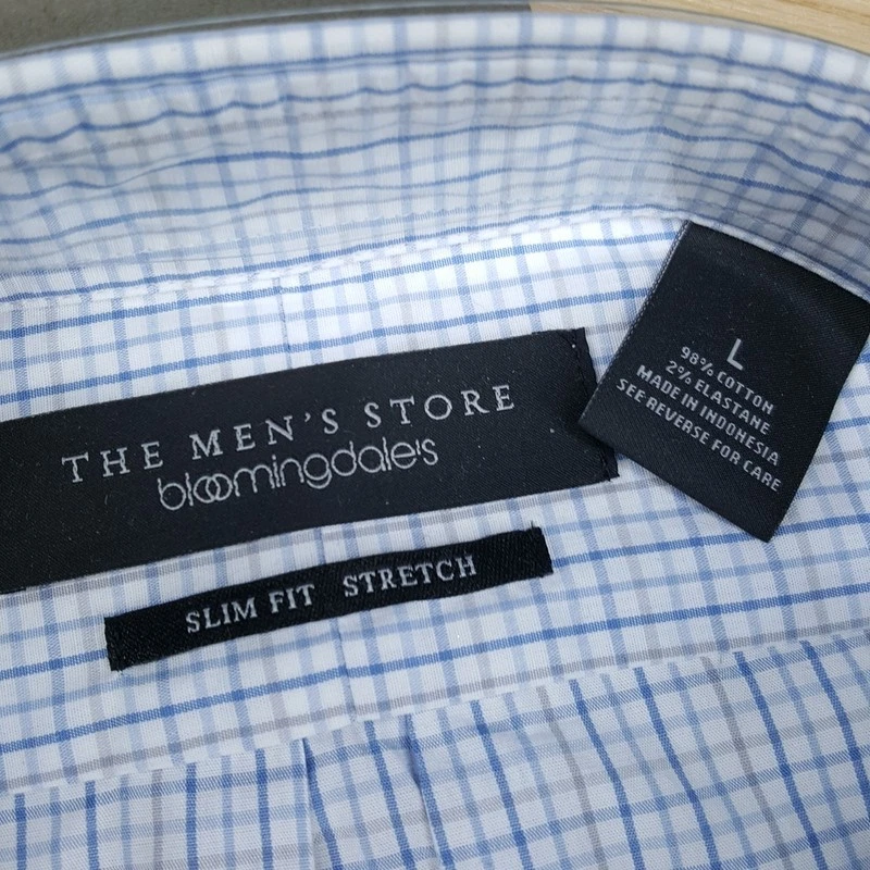 Camisa BLOOMINGDALES Para Hombre Grande Azul Tostado Rejilla Cuadros Botones Calce Ajustado Elastizada Foto 3 de 4