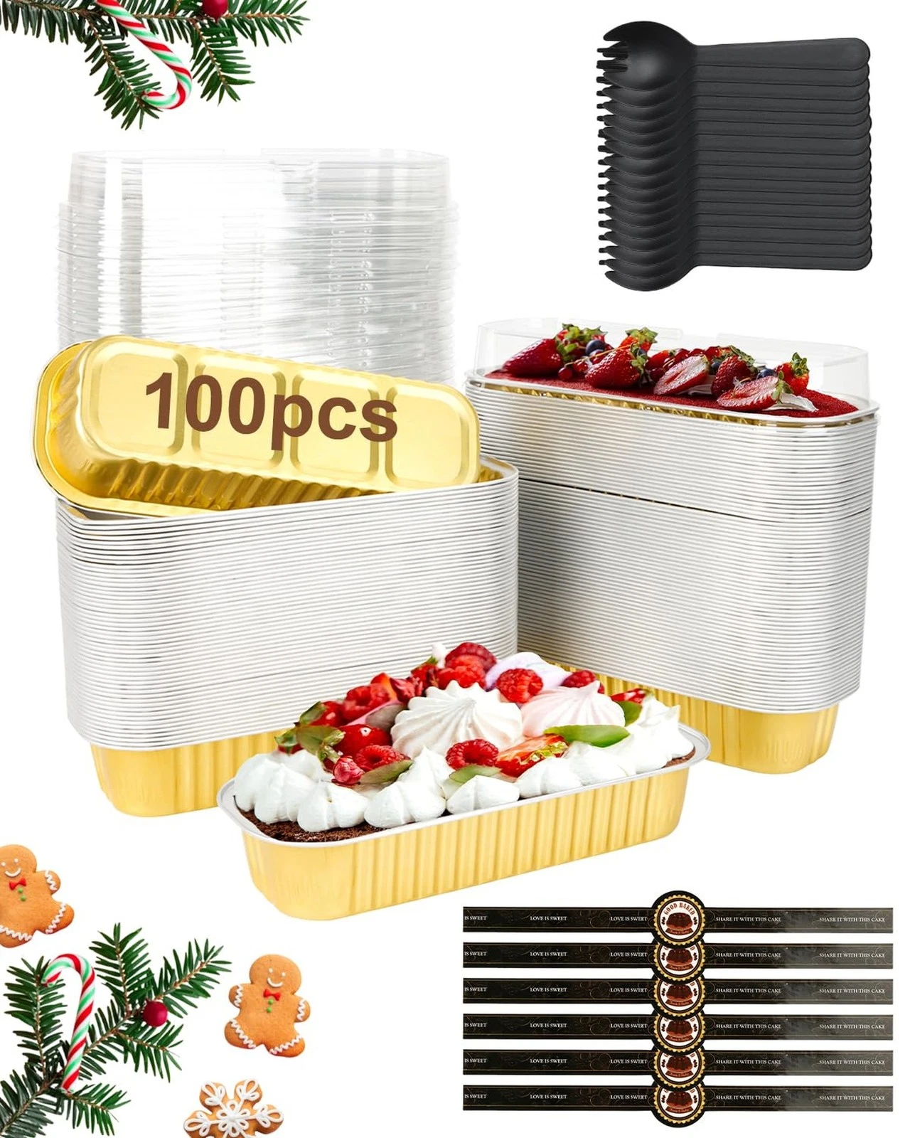 YQER 100 Pack Mini Loaf Pans with Lids, Spoons & Stickers – Disposable Alu