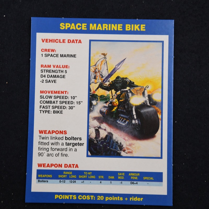 2nd Edition Warhammer 40k Data Card Space Marine Bike 40,000