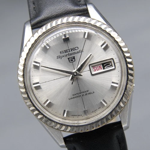 Vintage [N MINT] SEIKO 5 Sportsmatic 6619-8090 37mm Silver Day/Date AT Men Watch