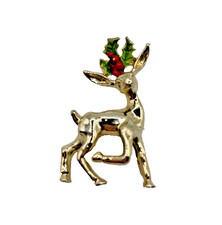 Vintage Gerry's Gold-Tone Enamel Holly Reindeer Christmas Holiday Brooch Pin