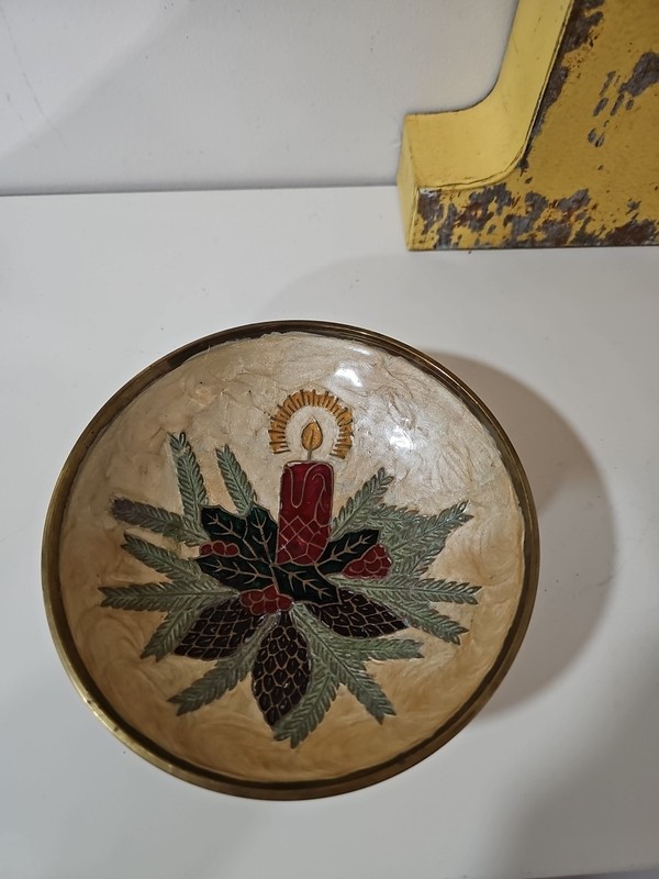Vintage Christmas Candel & Holly Enamel Brass Cloisonné Used Holiday Decor 