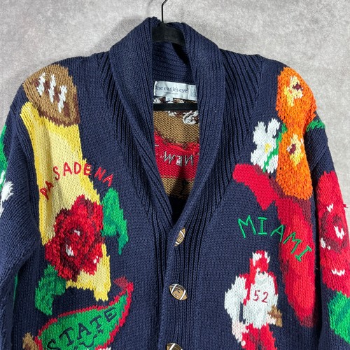 Vintage The Eagle's Eye Cardigan Sweater Women XL Blue Knit Football New Year - Picture 2 of 13
