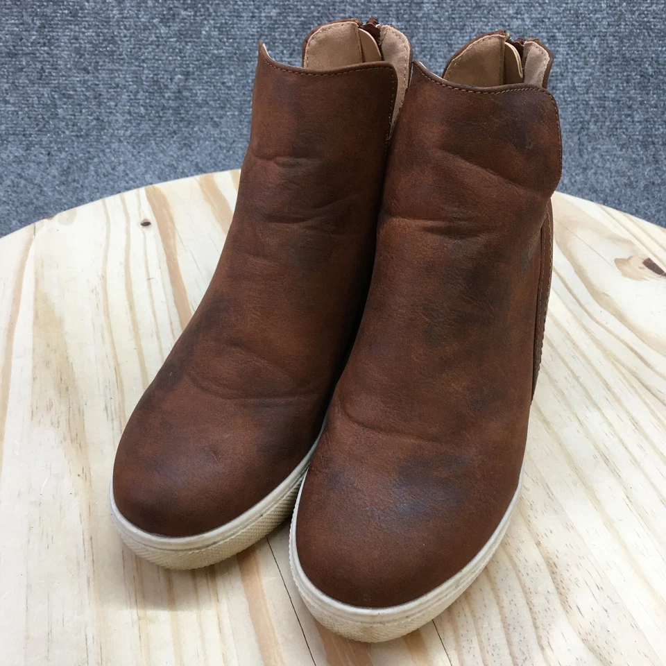 Botas Volátiles Para Mujer 7 Informales Cremallera Trasera Botín de Cuña Oculto Marrón Imitación Cuero Foto 3 de 4