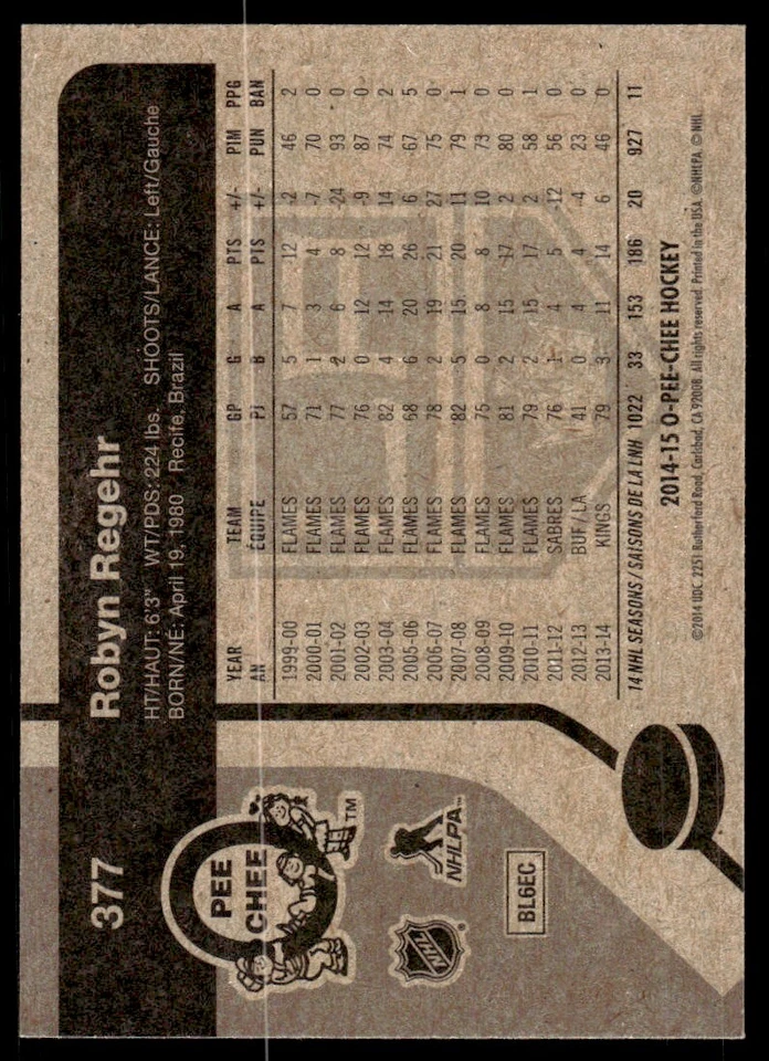 2014-15 O-Pee-Chee RETRO Robyn Regehr Los Angeles Kings #377 R58 - Image 2 of 2