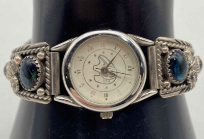 SOUTHWESTERN SS 925 Green Stone Accent TRIBAL SPIRIT BEAR Signed C Wrist Watch