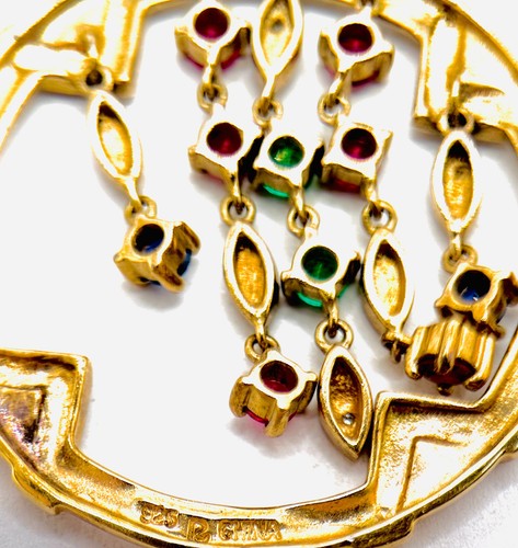 Vtg Ross Simons Ruby Emerald Diamond Dangle Round 925 14K Plated Pendant PRETTY - Picture 6 of 8