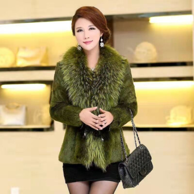 Winter Womens Real Raccoon Fur Collar Rabbit Fur Coat Slim Fit Jacket Outwear Sz