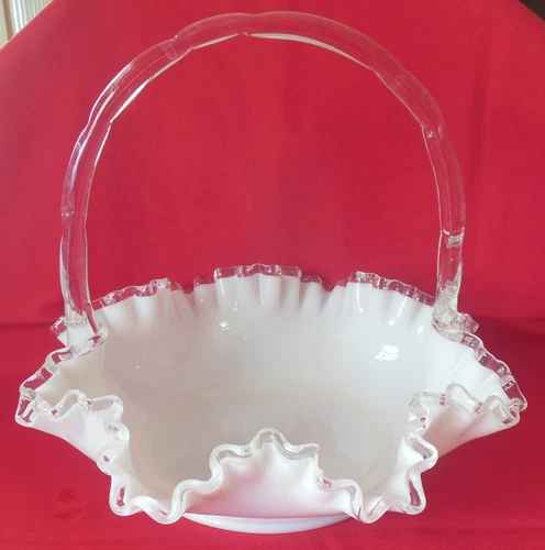 Fenton Art Glass Large 10” Silver Crest Basket Crimped Edge Flat Shallow