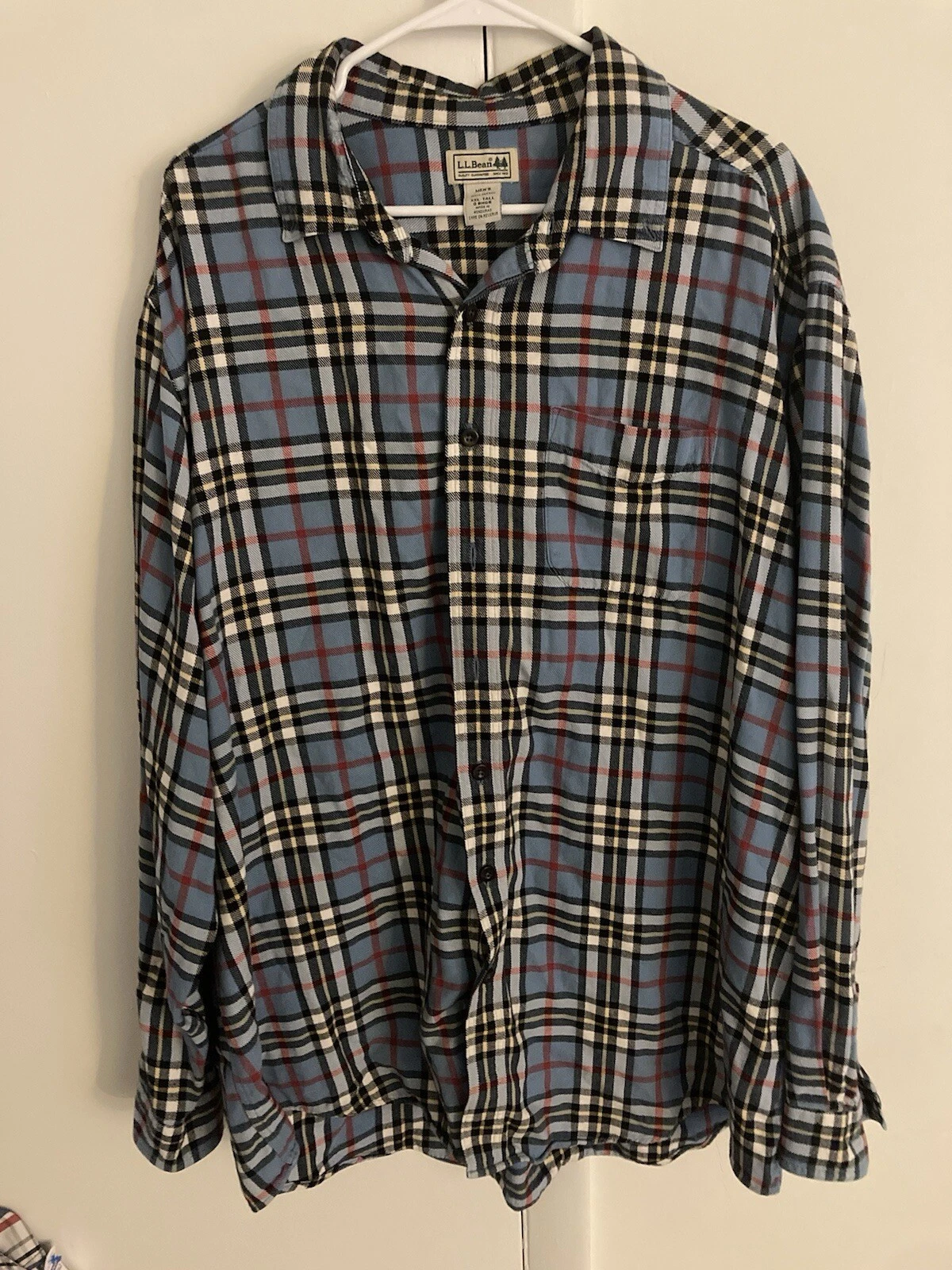L.L. Bean Mens Shirt 2XLT Red Blue Plaid Long Sleeve Button-Up Flannel Outdoor