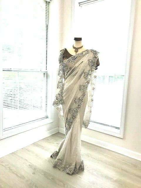 White Bronze gold Indian pakistani saree sari blouse Bride wedding