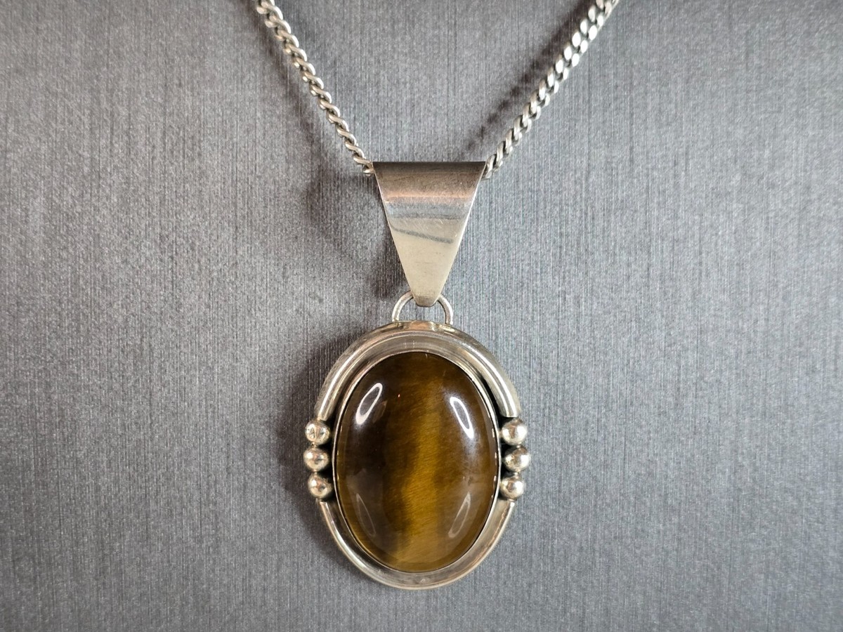 Womens Vintage Estate Sterling Silver Tiger's Eye Pendant