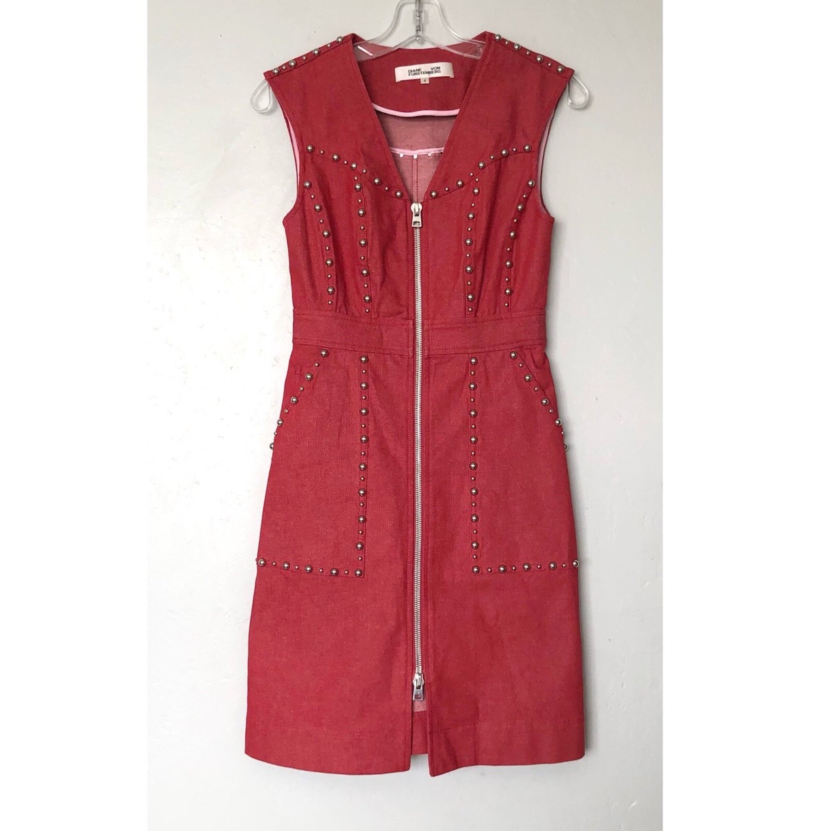 Diane von Furstenberg Red Zip-Front Studded Sleeveless