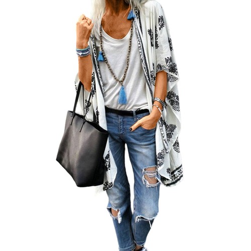 Women's Floral Loose Cardigan Half Sleeve Casual Coats Shirt Jacket Long Tops US - Picture 8 of 13
