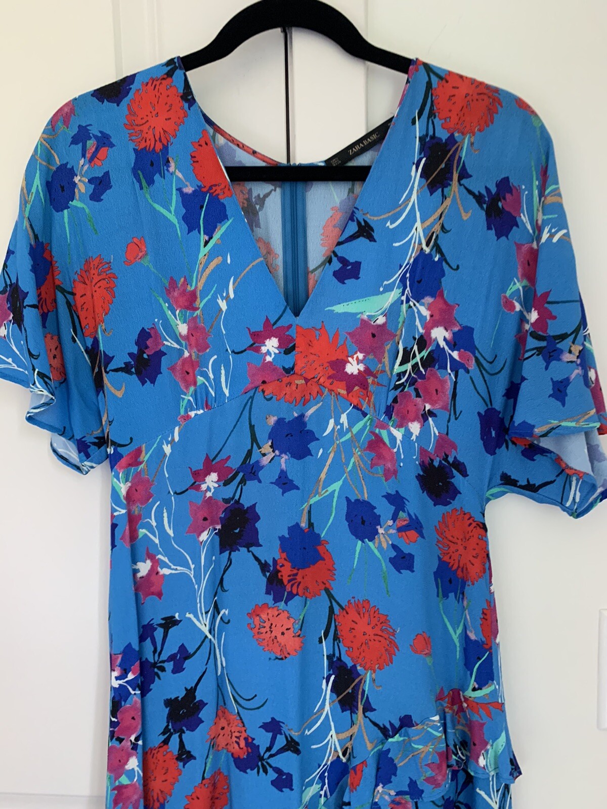 Zara Blue Floral Print Midi Dress with Asymmetric Ruf… Gem