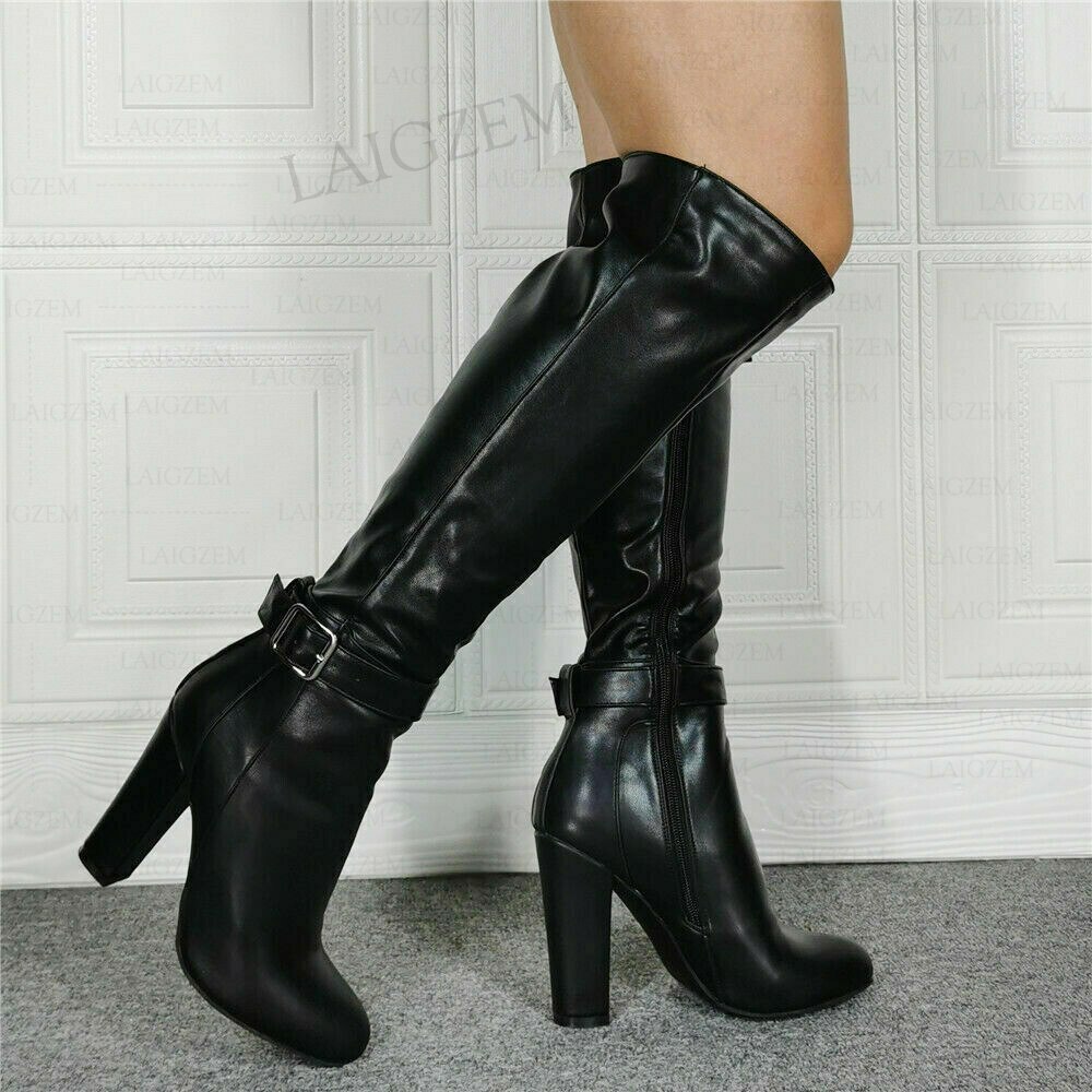 Women Knee High Boots Faux Leather Round Toe Zip Up Thick High Heels ...