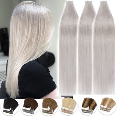 200G Tape in Hair Extensions Remy Real Human Hair Seamless Skin Weft #GREY Thick