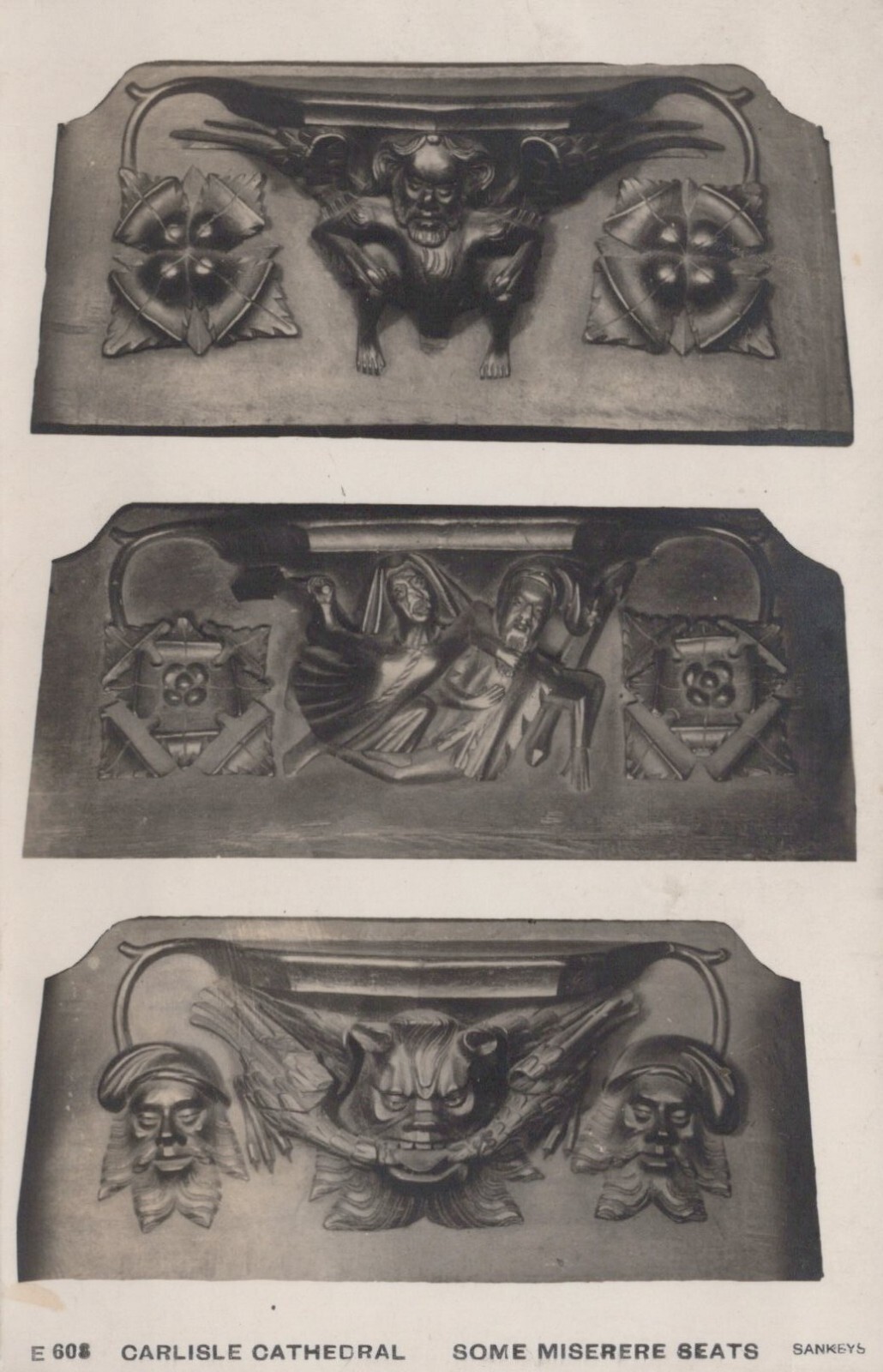 Tarjeta postal de Carlisle Cathedral algunos asientos Miserere E608 Sankeys battow-in-Furness