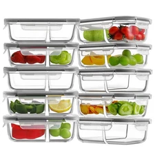 10 Pack 24oz Glass Meal Prep Containers 2 Compartment, Glass Food Storage Con...