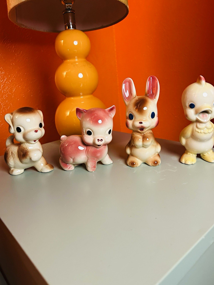 Vtg 1950s Rempel Diamond Pottery Ceramic Figurines Set of 4 Kitsch Animals—MINT