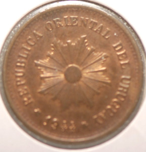 Uruguay, 1944 5 Centesimos, KM21a, Brown-Red AU+, NR, 7-25