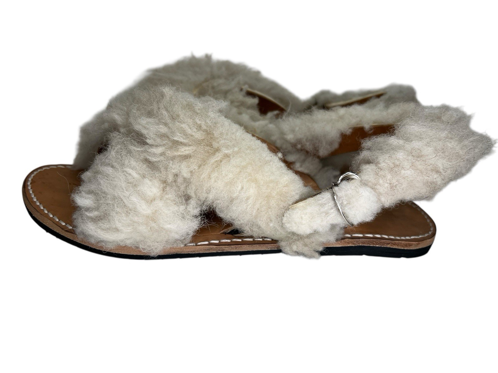 NEW Mens Leather REAL FUR HIDE ON Huarache Mexican Sandals Buckle Strap 10.5