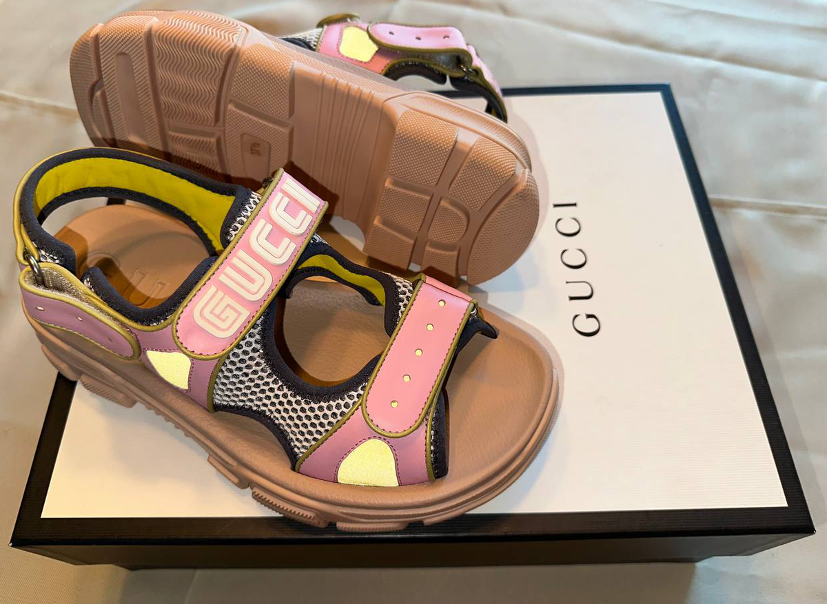 Gucci Sega Aguru Leather Platform Sandals Pink Women's US 7-7.5 EU
