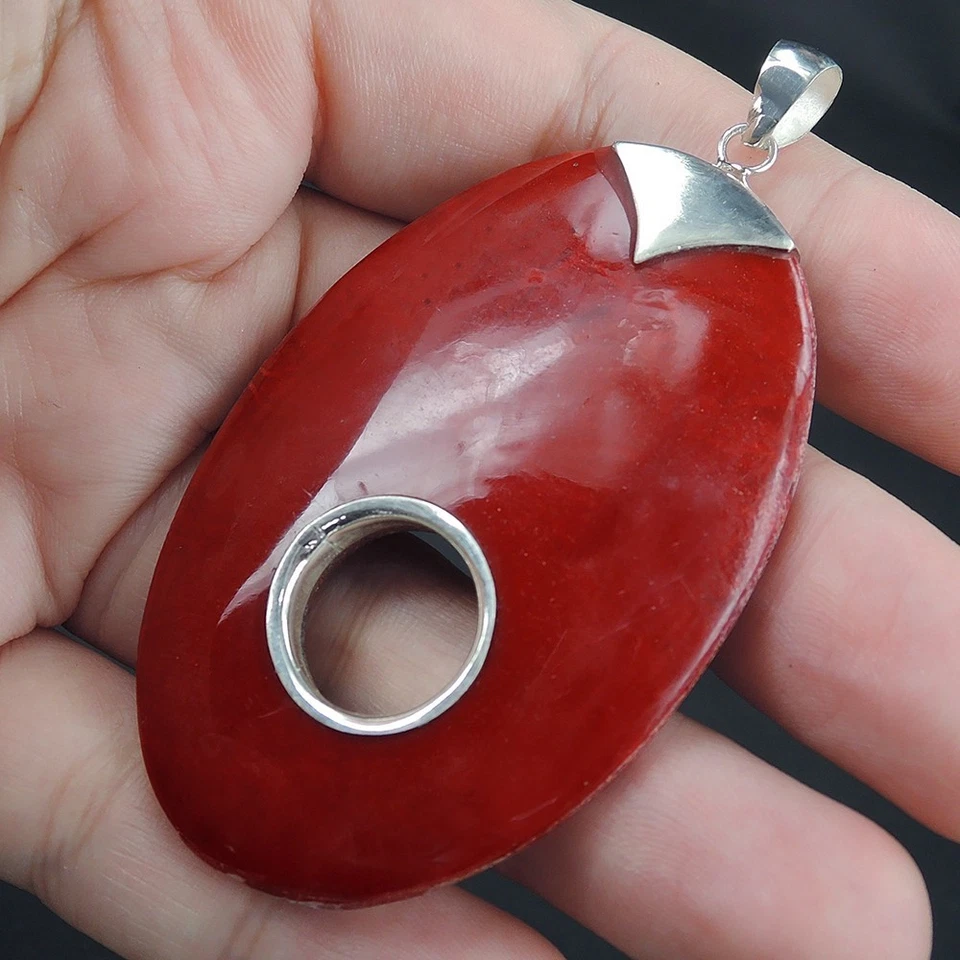 Gioielli con ciondolo in argento sterling 925 grande ovale in corallo rosso... - Immagine 2 di 4