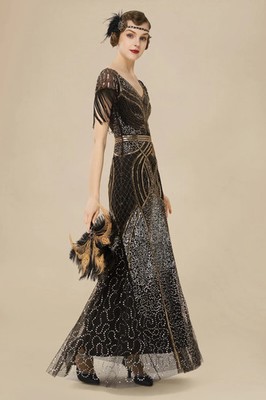 Women's Flapper Dress 1920s V-Neck Evening Gown Sequin Beaded Maxi Black  Gold SM | eBay