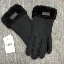 UGG Women's Black Suede Shearling Wrist Gloves Fur Trim Winter Solid Logo