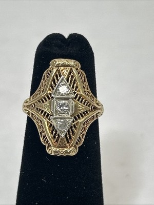 Art Deco 14k Yellow Gold Old European Diamond Intricate Filigree Shield Ring 3.2