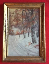 Antique American Impressionist Winter Snow Landscape Oil Painting Gilt Frame