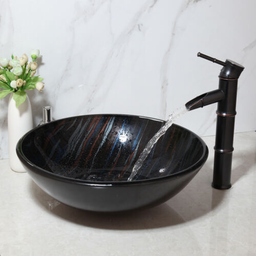 Tempered Glass Bathroom Vanity Basin Bowl Vessel Sinks Waterfall Faucet Drain